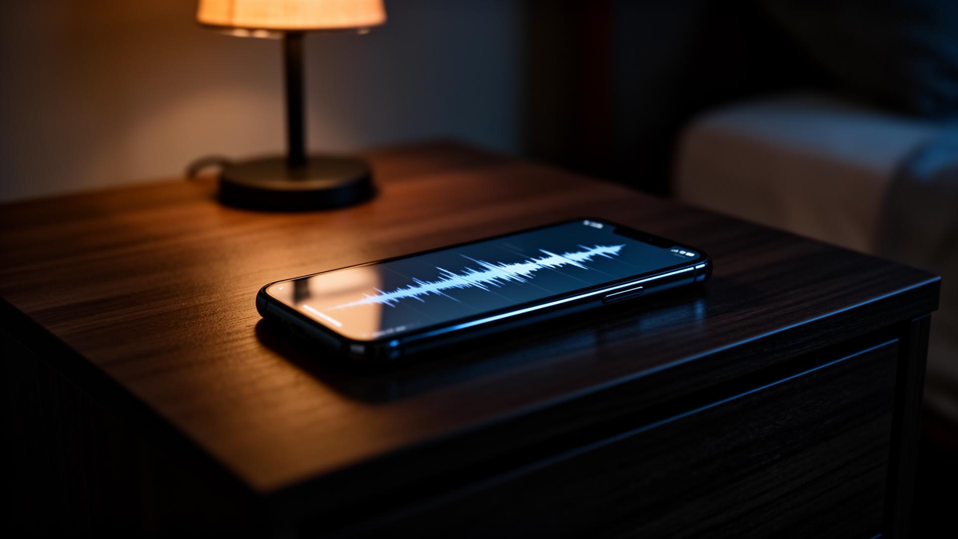 Celular na mesa de cabeceira mostrando uma onda de áudio à luz fraca de um abajur